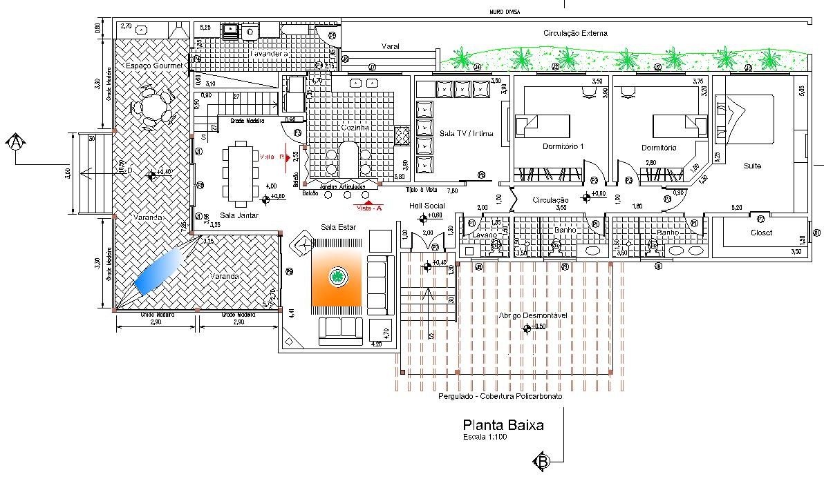Planta baixa da casa, escala 1:100